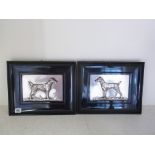 Two plated reliefs of dogs signed F Diller in ebonised frames - frame size 27cm x 34cm - some