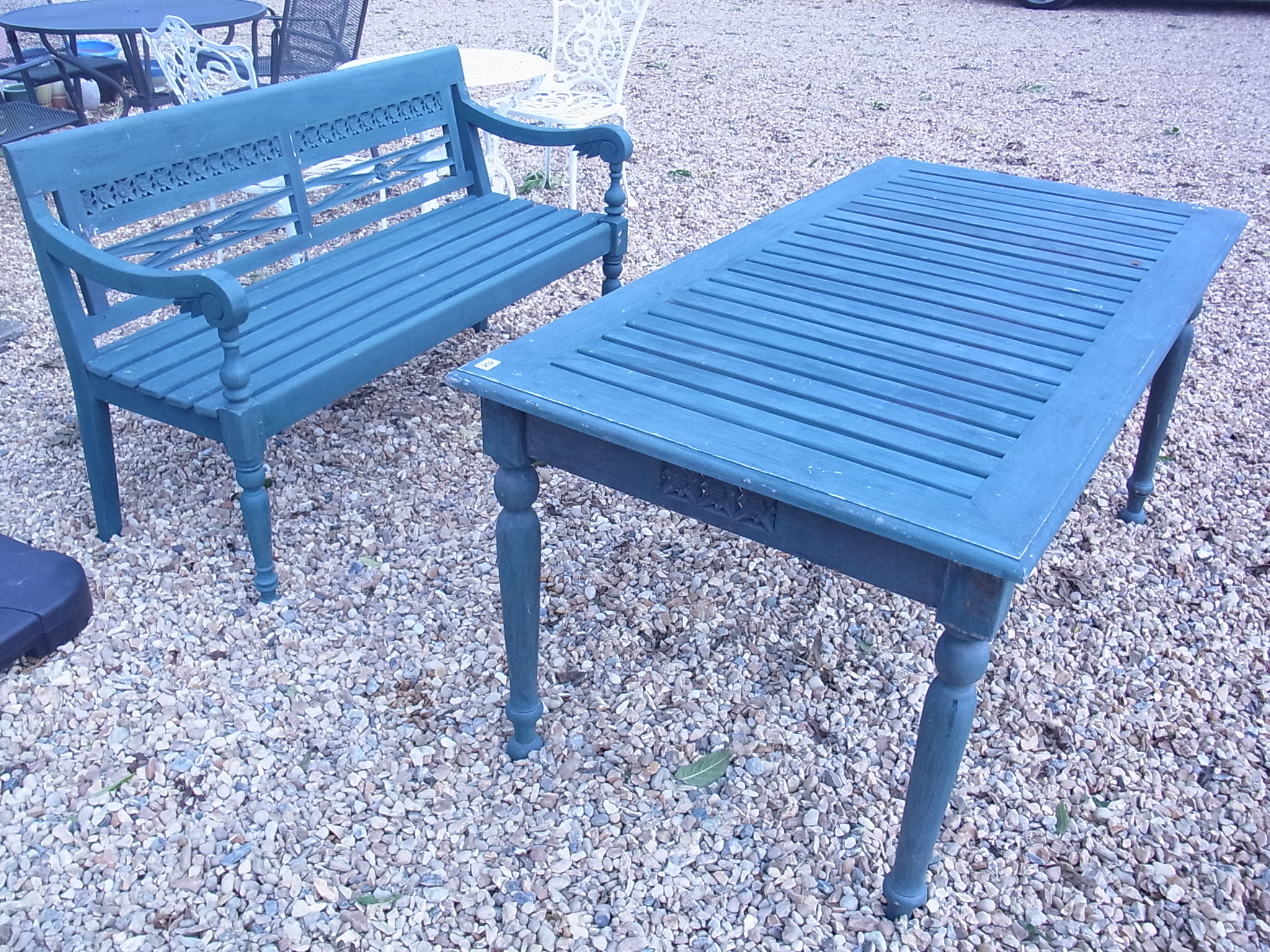 A painted wooden garden bench - Length 139cm and a matching table - Height 70cm x 150cm x 80cm