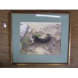 A framed and glazed watercolour - A cat lying down enjoying the sunshine - signed bottom right
