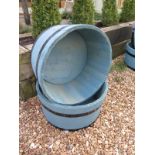 A pair of blue painted barrel planters - Diameter 58cm