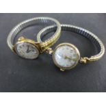 Two 9ct manual wind ladies wristwatches with plated straps - one working