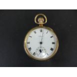 A 9ct yellow gold pocket watch top wind 5cm wide - approx total weight 92 grams - ticks but stops