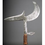 A Ngbaka throwing knife D.R.Congo with a shaped metal blade with a cloth and plaited fibre bound