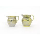 Two yellow ground silver lustre pearlware jugs  early 19th century, decorated in silver lustre