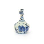 An unusual Delft bottle or guglet  18th century, the squat body painted in blue in the Chinese