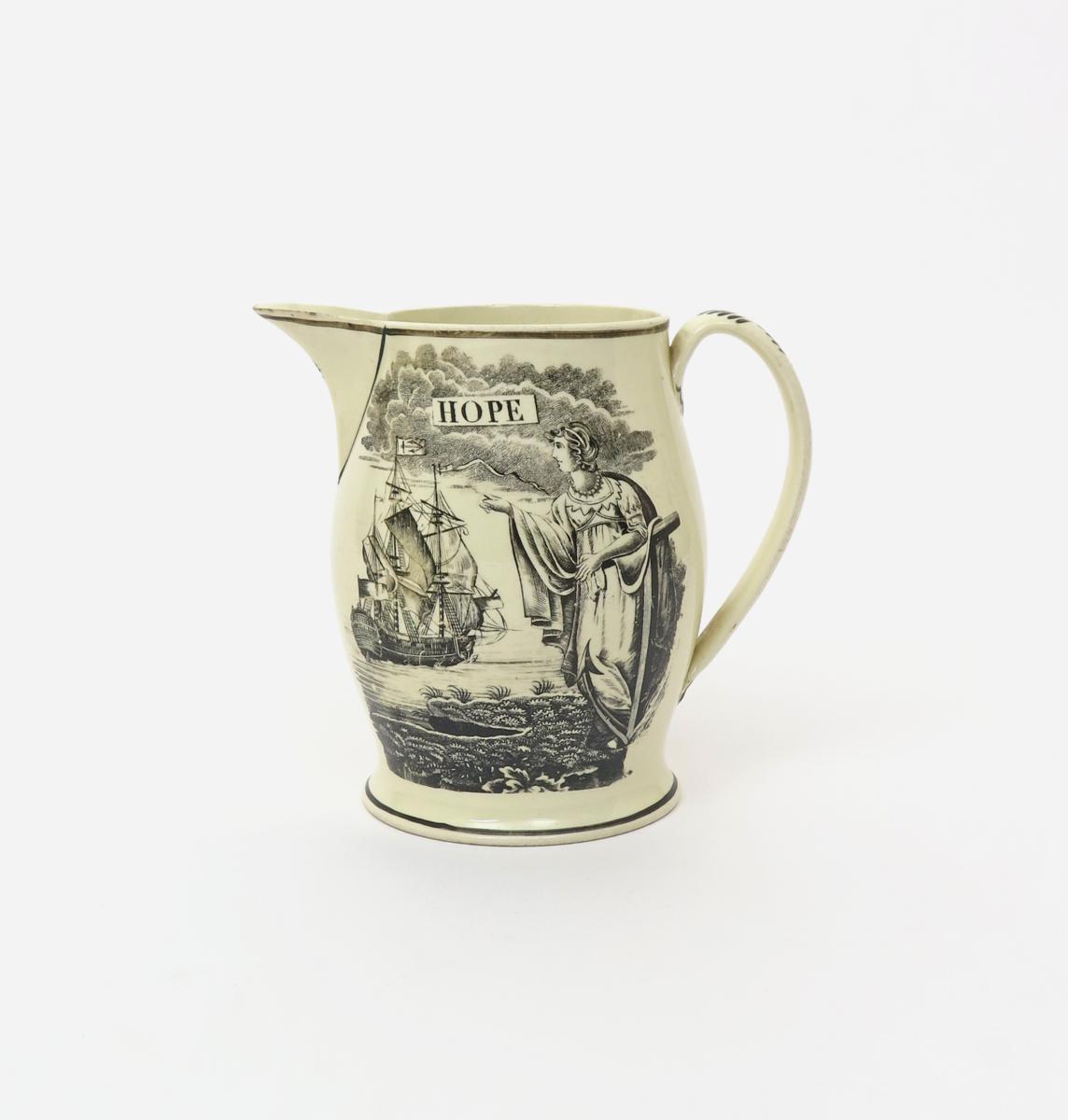 A creamware jug of maritime interest  c.1810, printed in black with a figure of Hope looking out