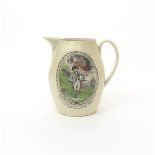 A large creamware jug of American interest  c.1804, printed and hand-coloured to one side with a