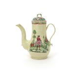 A creamware coffee pot and cover  c.1760-70, painted in polychrome enamels, to one side a