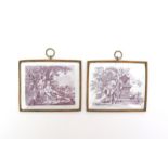 A pair of Birmingham or Battersea enamel rectangular plaques   c.1750-60, printed in purple with