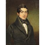 λ English School 19th Century Portrait miniature of a gentleman, half length wearing black