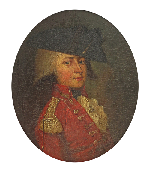 English School 18th Century An officer, head and shoulders in red uniform Oil on panel, oval 170 x