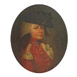 English School 18th Century An officer, head and shoulders in red uniform Oil on panel, oval 170 x