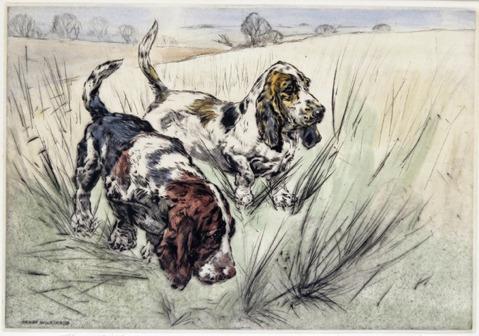 ‡ Henry Wilkinson (1921-2011) Bassett hounds Signed and numbered 73/75 Drypoint etching in colour 25