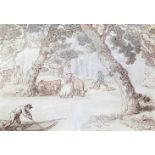 Thomas Rowlandson (1756-1827) Cattle watering with a figure in a punt Sepia pen and ink with