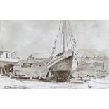 ‡ Adrian Maurice Daintrey (1902-1988) Boats on a dry dock Signed, inscribed and dated 1968 Pen,