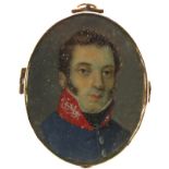 λ Continental School 19th Century Portrait miniature of an officer in blue uniform with red collar