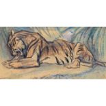 ‡ Elsie Marion Henderson (1880-1967) A tiger eating, c.1948 Signed Pen, ink, watercolour and chalk