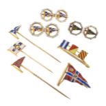 A 9ct gold pennant brooch, the signalling flags with enamel decoration, 3.5cm high. A pair of 9ct