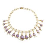 An amethyst and pearl fringe necklace, the seed pearl necklace suspends a line of graduated