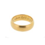 An Edwardian 22ct yellow gold posy ring, engraved to the interior 'Love is sure where faith is