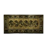 A LARGE CHINESE EIGHT PANEL BLACK AND GOLD LACQUER SCREEN, 19TH CENTURY Painted to one side with six