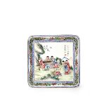 A CHINESE CANTON ENAMEL FAMILLE ROSE SQUARE TRAY, 18TH CENTURY Painted with scholars in a rocky