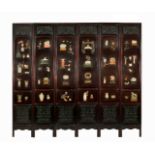 λ A LARGE CHINESE HARDWOOD, LACQUER AND JADE SIX PANEL SCREEN, LATE QING DYNASTY AND EARLIER Each