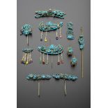 NINE CHINESE GILT METAL AND KINGFISHER FEATHER HAIR ORNAMENTS, QING DYNASTY And a pair of