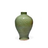 A CHINESE LONGQUAN CELADON VASE, MEIPING, MING DYNASTY Moulded with lotus flowers, a band of cloud