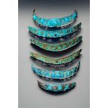 SIX CHINESE GILT METAL AND KINGFISHER FEATHER HEAD BANDS, QING DYNASTY Each decorated with