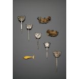 FIVE CHINESE SILVER METAL HAIRPINS, QING DYNASTY Each mounted with a butterfly with curling