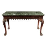 A George II style mahogany side table, the verde antico marble top and a plain frieze above a