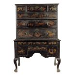 A George II and later black japanned chest on stand, with raised decoration of chinoiserie scenes