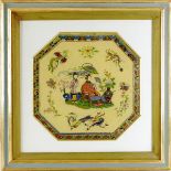 A 19th century decalcomania octagonal panel, decorated with chinoiserie scenes of an Emperor with