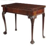 A George II and later mahogany card table, the inverted breakfront fold-over top revealing a baize