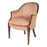 A George III mahogany tub armchair, with a moulded frame upholstered in later pink damask on