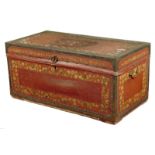 A 19th century Chinese camphorwood and painted leather chest, decorated with bands of flowers and