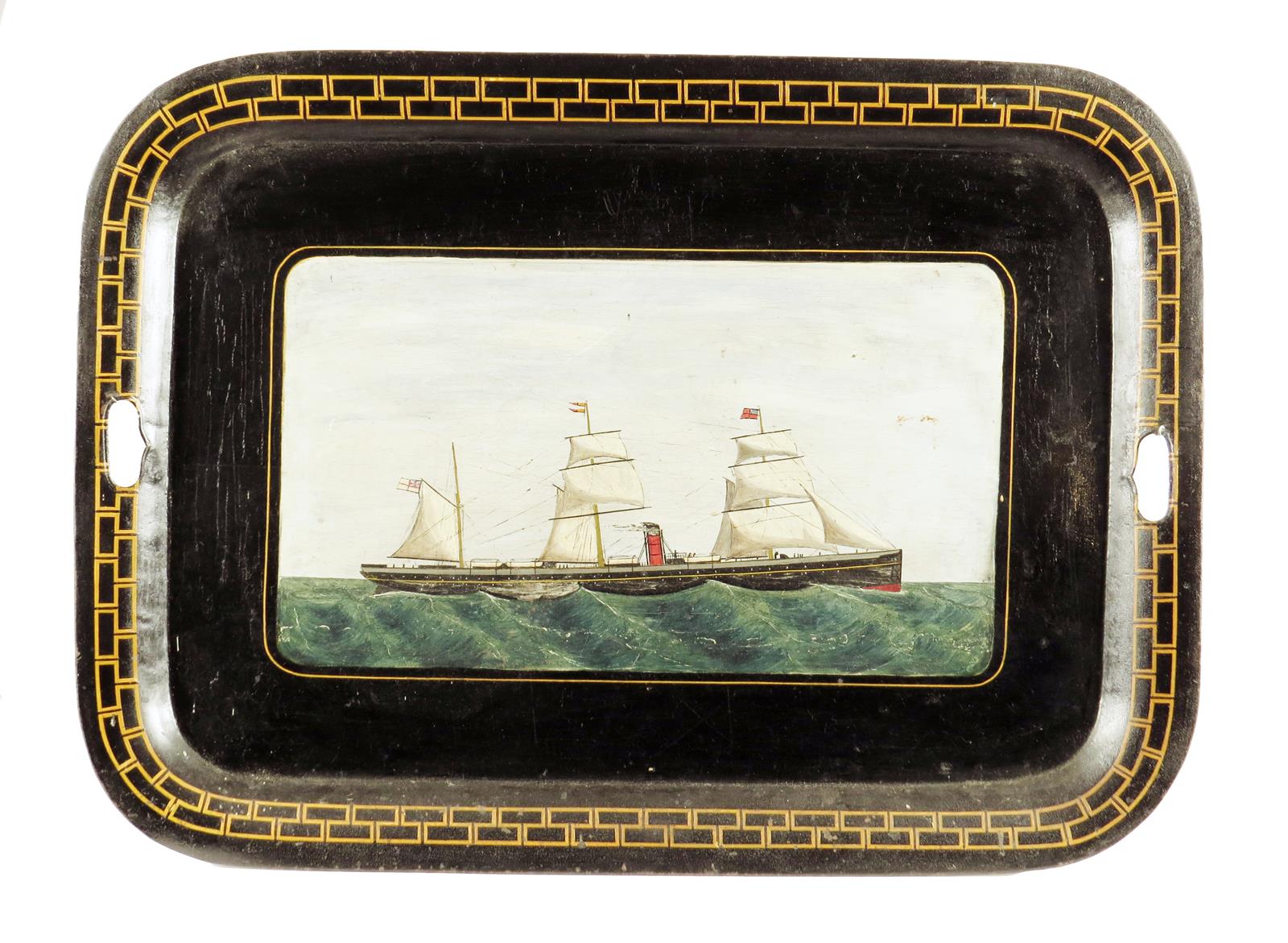 A Victorian tole peinte tray, painted with a steamer in full sail, the edge pierced with two