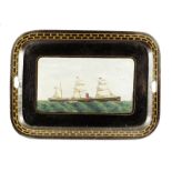 A Victorian tole peinte tray, painted with a steamer in full sail, the edge pierced with two