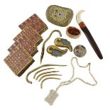λ A collection of Chinese cloisonne and gilt bronze appliques and mounts, a Chinese mother of pearl