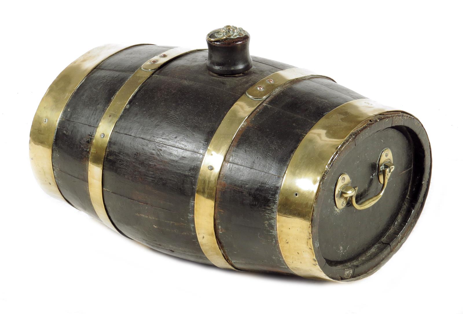 A coopered brass bound barrel, the ends with carrying handles, the stopper with a lion's mask ring