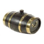 A coopered brass bound barrel, the ends with carrying handles, the stopper with a lion's mask ring