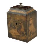 A rare tôle peinte tea caddy, painted with scenes of dogs in the manner of Landseer, with parcel