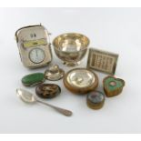 λ A mixed lot, comprising silver items: a Victorian bowl and spoon, Sheffield 1864, a calendar/watch