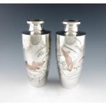 A pair of Japanese silver and mixed metal vases, circa 1936, tapering circular form, decorated