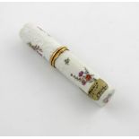 An 18th century gold mounted German porcelain bodkin case, unmarked, cylindrical form, decorated