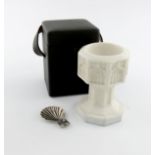 An Edwardian Parian ware travelling font and silver anointing spoon, the font unmarked, the spoon by