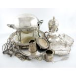 A mixed lot of electroplated items, comprising: two salvers, an egg coddler, an expanding toast
