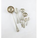 A mixed lot of Old English pattern flatware, various dates and makers, comprising: a soup ladle,