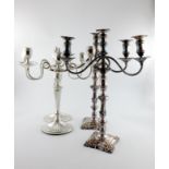 A pair of electroplated three-light candelabra, knopped stems with shell shoulders, spool shaped